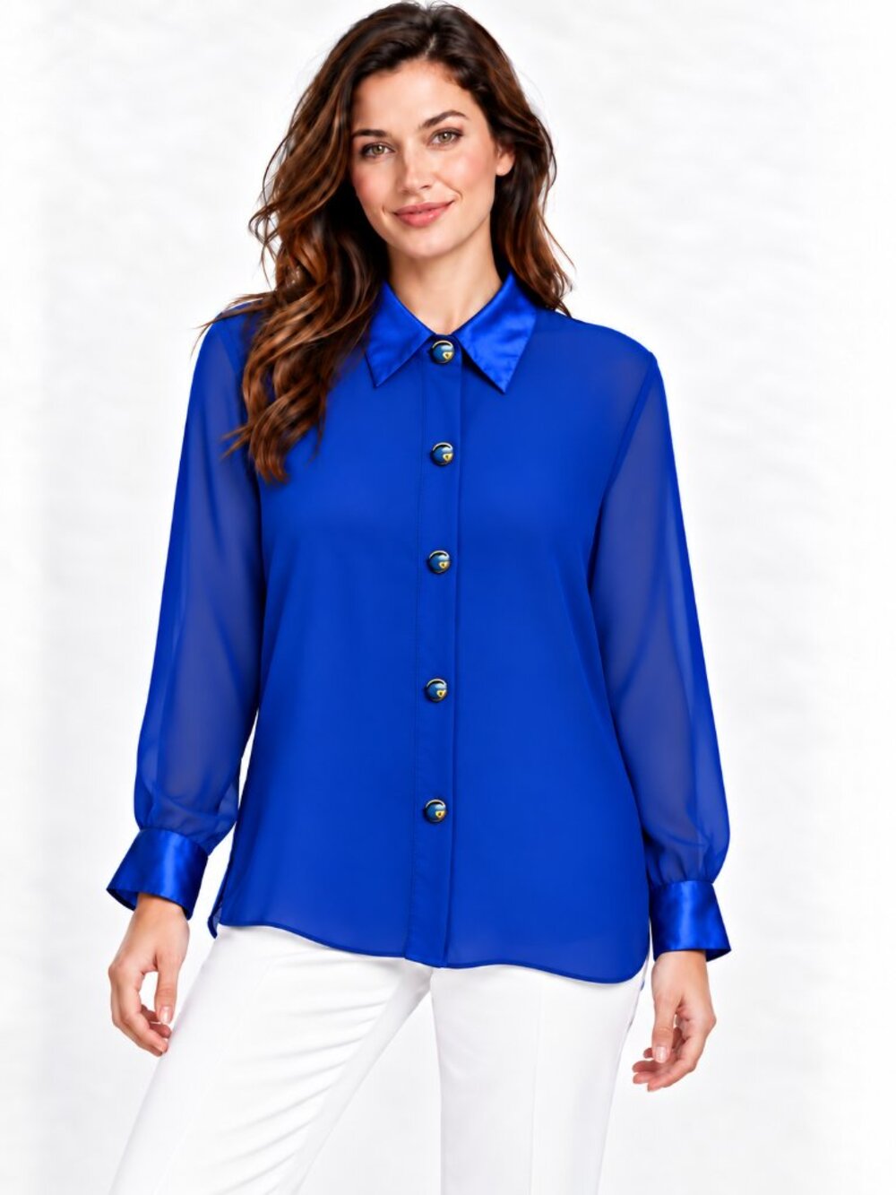 Dan Riv VTG Royal Blue Semishear Button Down Top Blouse Shirt Sz. L
